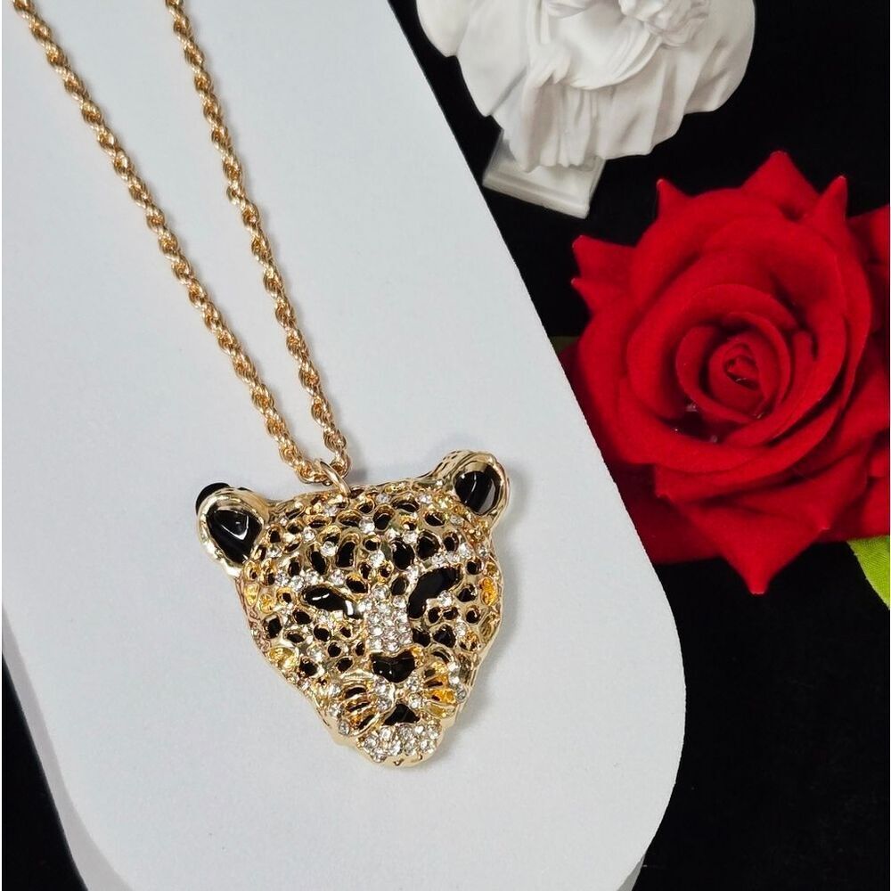 Gold Leopard Head Pendant Necklace Crystal Pavé Big Cat Bold Statement Jewelry